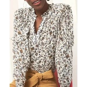 Loft Floral Print Boho Ruffle Sleeve Blouse Off White Size M